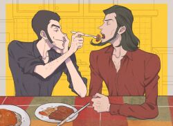 Rule 34 | 2boys, arm hair, arsene lupin iii, beard, black eyes, black hair, black shirt, border, buttoned cuffs, buttons, cheekbones, chest hair, closed eyes, collarbone, facial hair, feeding, food, fork, hand hair, hand on own face, holding, holding fork, jigen daisuke, knife, knuckle hair, leaning on table, long sideburns, long sleeves, lupin iii, male focus, multiple boys, mzochi, open mouth, pasta, plate, red shirt, shirt, sideburns, sideburns stubble, sleeves rolled up, smile, spaghetti, steak, stubble, tablecloth, teeth, white border, yaoi