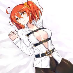 Rule 34 | 1girl, :o, ahoge, arm up, bed sheet, belt, belt buckle, black pantyhose, blush, breasts, buckle, chan co, cleavage, collarbone, collared shirt, crotch seam, fate/grand order, fate (series), fujimaru ritsuka (female), hair between eyes, hair ornament, hair scrunchie, head tilt, long sleeves, looking at viewer, looking up, lying, medium breasts, no bra, no pants, on back, open clothes, open mouth, open shirt, orange eyes, orange hair, panties, panties under pantyhose, pantyhose, scrunchie, shirt, short hair, side ponytail, solo, thighband pantyhose, underbust, underwear, white shirt, wing collar