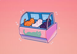 Rule 34 | absurdres, animal, animal focus, black cat, cat, glass, gradient background, highres, lying, meyoco, no humans, on back, orange cat, original, pink background, sparkle, tail, white cat