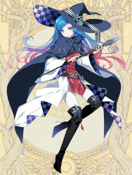 Rule 34 | 1girl, belt, black cape, black footwear, black hat, blue eyes, blue hair, boots, braid, cape, dairoku ryouhei, full body, gradient hair, hat, hat ornament, l (matador), looking at viewer, multicolored hair, nail polish, pink hair, red nails, simple background, solo, thigh boots, thighhighs, wand, wide sleeves, wizard hat, yellow background