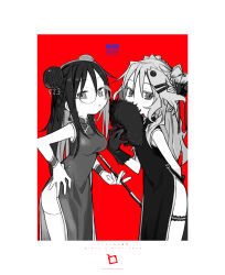 2girls agoshi_sakina arm_behind_back border bow breasts china_dress chinese_clothes copyright_name covering_own_mouth double_bun dress earrings fan_to_mouth fish_hair_ornament floating_earring folding_fan gloves greyscale_with_colored_background hair_bow hair_bun hair_ornament hairclip half-closed_eyes hand_fan hand_on_own_hip highres holding holding_fan holding_smoking_pipe impossible_clothes impossible_dress jewelry kiseru kokaki_mumose large_breasts leaning_forward long_hair looking_at_viewer looking_to_the_side multiple_girls null-meta red_background side_slit side_up_bun simple_background smoking_pipe souen_chiaki standing thigh_strap thighhighs white_border wristband