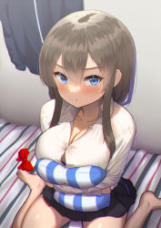 Rule 34 | 1girl, bare legs, barefoot, blue eyes, blush, bow, bowtie, unworn bowtie, breasts, brown hair, button gap, cleavage, collarbone, from above, hair between eyes, indoors, large breasts, long hair, looking at viewer, maku ro, hugging object, on bed, original, pillow, pillow hug, red bow, red bowtie, shirt, sidelocks, sitting, skirt, wariza, white shirt