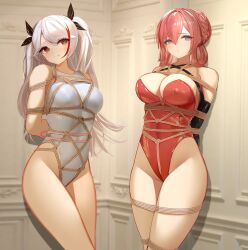 Rule 34 | 2girls, absurdres, against wall, alternate costume, armbinder, arms behind back, azur lane, bdsm, black gloves, black ribbon, bondage, bound, box tie, braid, breasts, cleavage, commentary request, covered nipples, crown braid, elbow gloves, gloves, hair between eyes, hair ribbon, highleg, highleg leotard, highleg swimsuit, highres, indoors, large breasts, latex, latex gloves, leotard, long hair, looking at viewer, monarch (azur lane), monoglove, multicolored hair, multiple girls, one-piece swimsuit, orange eyes, prinz eugen (azur lane), purple eyes, red hair, red leotard, revision, ribbon, rope, shibari, shibari over clothes, strapless, strapless leotard, streaked hair, swimsuit, two-tone dress, white hair, white one-piece swimsuit, yuuraku yuraku