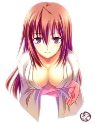Rule 34 | 00s, 1girl, bamboo blade, blush, breasts, cleavage, crossed arms, downblouse, japanese clothes, kuwahara sayako, large breasts, long hair, natsukon, no bra, purple eyes, red hair, solo