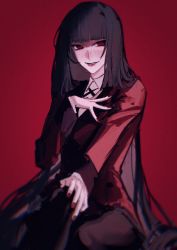 Rule 34 | 1girl, absurdres, black hair, blunt bangs, blurry, blurry foreground, blush, chinese commentary, collared shirt, commentary request, feet out of frame, hand on own chest, hand on own knee, highres, huangjin shizi, jabami yumeko, jacket, kakegurui, long hair, looking at viewer, nail polish, pantyhose, red background, red eyes, red jacket, red nails, shirt, simple background, sitting, smile, solo, very long hair, white shirt