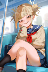 Rule 34 | 1girl, absurdres, bag, bags under eyes, black socks, blonde hair, blue sailor collar, blunt bangs, boku no hero academia, cameltoe, cardigan, commentary, crossed legs, double bun, hair bun, highres, kneehighs, long sleeves, looking at viewer, messy hair, miniskirt, narrowed eyes, neckerchief, panties, red neckerchief, sailor collar, school bag, sitting, skirt, slit pupils, smile, socks, solo focus, symbol-only commentary, toga himiko, train interior, underwear, white panties, yellow cardigan, yellow eyes, zd (pixiv6210083)