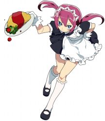 Rule 34 | 1boy, apron, blue eyes, crossdressing, food, frilled socks, frills, frown, full body, gloves, hand on own hip, hidakarumen, hip focus, inazuma eleven, inazuma eleven (series), inazuma eleven go, kirino ranmaru, kneehighs, long hair, maid, maid apron, maid headdress, male focus, mary janes, pink hair, plate, shoes, simple background, socks, solo, trap, tray, twintails, white background, white gloves, white socks