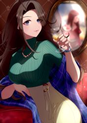 Rule 34 | 2girls, alcohol, arm up, beige skirt, breasts, brown hair, couch, cowboy shot, cup, drawing (object), floating hair, forehead, glint, green sweater, hiiragi shino, holding, holding cup, ich., idolmaster, idolmaster cinderella girls, impossible clothes, jewelry, large breasts, long hair, looking at viewer, mirror, multiple girls, nail polish, necklace, plaid shawl, shawl, shiny clothes, solo focus, striped clothes, striped sweater, sweater, takahashi reiko, wallpaper (object), watch, wristwatch