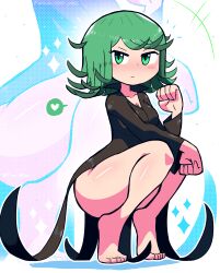 Rule 34 | 1girl, absurdres, artist name, ass, barefoot, black dress, blush, breasts, cleavage, collarbone, dot nose, dress, female focus, full body, green eyes, green hair, heart, highres, large breasts, legs, looking at viewer, matching hair/eyes, one-punch man, outline, shiny skin, short hair, solo, sparkle, squatting, tatsumaki, thick thighs, thighs, tony welt, white outline, wide hips