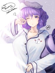 Rule 34 | 1girl, arm up, artist name, breasts, cleavage, collarbone, commission, eighth note, hat, highres, large breasts, letty whiterock, light purple hair, long sleeves, looking at viewer, mitama mudimudi, musical note, one eye closed, pajamas, parted lips, purple eyes, skeb commission, snow, snowflake print, snowman, snowman print, solo, spoken musical note, tears, touhou, upper body, waking up, white pajamas