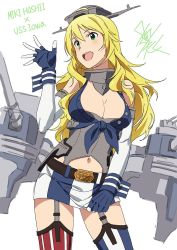 Rule 34 | 1girl, ahoge, american flag legwear, asymmetrical legwear, belt, belt buckle, blonde hair, blush, breasts, buckle, cannon, character name, cleavage, contrapposto, cosplay, cowboy shot, elbow gloves, fingerless gloves, front-tie top, garter straps, gloves, green eyes, hair between eyes, hand up, headgear, holding, holding clothes, holding skirt, hoshii miki, idolmaster, idolmaster (classic), iowa (kancolle), iowa (kancolle) (cosplay), kantai collection, large breasts, long hair, look-alike, miniskirt, mismatched legwear, navel, open mouth, signature, simple background, skirt, smile, solo, standing, striped clothes, striped skirt, striped thighhighs, taku1122, text focus, thighhighs, vertical-striped clothes, vertical-striped thighhighs, waving, white background, zettai ryouiki