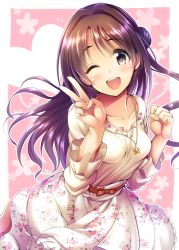 Rule 34 | 1girl, ;d, blush, brown eyes, brown hair, collarbone, dress, floral print, half updo, idolmaster, idolmaster cinderella girls, jewelry, long hair, looking at viewer, ment, necklace, one eye closed, one side up, open mouth, shimamura uzuki, smile, solo, v, wavy hair, white dress