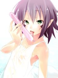 Rule 34 | 1girl, dennryuurai, dress, facial mark, flat chest, food, green eyes, highres, merry nightmare, pointy ears, popsicle, purple hair, see-through, sexually suggestive, short hair, solo, wet, wet clothes, yumekui merry