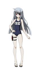 Rule 34 | 10s, 1girl, ahoge, brown eyes, collarbone, covered navel, eyebrows, eyepatch, full body, hand on own hip, highres, holster, infinite stratos, laura bodewig, long hair, looking at viewer, one-piece swimsuit, school swimsuit, silver hair, solo, swimsuit, thigh holster, transparent background