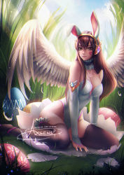 Rule 34 | 1girl, animal ears, arm support, artist name, axsen, bare shoulders, blue sky, breasts, brown eyes, brown hair, brown thighhighs, cleavage, cloud, commentary, d.va (overwatch), day, easter, easter egg, egg, eggshell, elbow gloves, facepaint, facial mark, feathered wings, feathers, full body, gloves, grass, headphones, lace, lace-trimmed legwear, lace trim, leotard, light rays, light smile, lips, long hair, looking at viewer, medium breasts, outdoors, overwatch, overwatch 1, pink lips, rabbit ears, signature, sitting, sky, solo, strapless, strapless leotard, sunlight, thighhighs, watermark, web address, whisker markings, white feathers, white gloves, white leotard, white wings, wings, yokozuwari