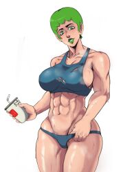 Rule 34 | 1girl, abs, biceps, breasts, cup, curvy, dorkbum, foo fighters (jojo), green eyes, green hair, green lips, highres, holding, holding cup, jojo no kimyou na bouken, large breasts, lipstick, looking at viewer, makeup, muscular, muscular female, short hair, simple background, solo, sports bra, steam, steaming body, stone ocean, sweat, sweatdrop, thick thighs, thighs, thong, toned