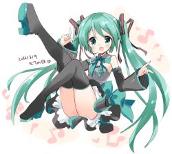 Rule 34 | 1girl, bad id, bad pixiv id, beamed eighth notes, black thighhighs, boots, commentary request, dated, detached sleeves, eighth note, full body, green eyes, green hair, hatsune miku, headset, hizuki yayoi, long hair, looking at viewer, microphone, musical note, necktie, open mouth, quarter note, simple background, sleeveless, smile, solo, thigh boots, thighhighs, twintails, underskirt, very long hair, vocaloid, white background