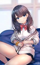 Rule 34 | 10s, 1girl, artist name, black hair, blue eyes, blurry, blurry background, blush, bow, bowtie, breasts, cardigan, closed mouth, gridman universe, highres, legs, looking at viewer, medium breasts, red bow, red bowtie, scrunchie, shirt, short hair, sitting, smile, solo, ssss.gridman, takarada rikka, usagihime, white cardigan, white shirt, wrist scrunchie