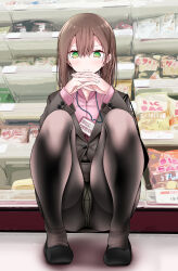 Rule 34 | 1girl, @ @, ass, black jacket, black pantyhose, blazer, blush, brown footwear, brown hair, closed mouth, collared shirt, commentary request, flats, full body, green eyes, gusset, hair between eyes, highres, id card, interlocked fingers, jacket, knees, lanyard, legs, looking at viewer, medium hair, office lady, ol-chan (oouso), oouso, original, own hands clasped, own hands together, panties, pantyhose, pink shirt, shirt, solo, squatting, supermarket, sweatdrop, swept bangs, thighs, underwear