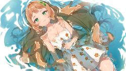 Rule 34 | 1girl, bare arms, bare shoulders, breasts, brown hair, cheli (kso1564), closed mouth, commentary request, dress, floral print, green eyes, hair intakes, highres, leaf, leaf on head, long hair, looking at viewer, lying, medium breasts, official art, on back, original, partially submerged, pleated dress, print dress, shallow water, sleeveless, sleeveless dress, smile, solo, very long hair, water, white dress