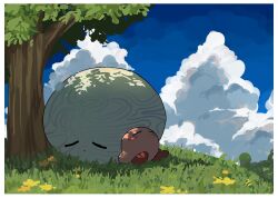 Rule 34 | blue sky, blush, blush stickers, border, closed eyes, closed mouth, cloud, cloudy sky, commentary request, day, flower, grass, highres, kirby, kirby (series), korean commentary, nintendo, no humans, nt 26, outdoors, shade, sitting, sky, sleeping, sleeping upright, tree, tree shade, void soul, void termina, white border, yellow flower