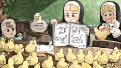 Rule 34 | &gt; &lt;, 3girls, :t, animal, animal on head, animal on shoulder, bird, bird on shoulder, blonde hair, blue eyes, book, brown eyes, brown hair, cat, chalk, chalkboard, chicken, clumsy nun (diva), commentary, diva (hyxpk), drawing, duck, duckling, english commentary, english text, food, frog, frog headband, froggy nun (diva), fruit, habit, hand puppet, handprint, hanging plant, hat, highres, holding, holding book, holding notebook, holding pencil, hug, kitten, lemon, little nuns (diva), multiple girls, nervous sweating, nose bubble, notebook, nun, odd one out, on head, open book, open mouth, ostrich, paw print, pencil, puppet, scared, scratches, sign, sign around neck, spicy nun (diva), spread wings, star (symbol), stool, sweat, sweatdrop, top hat, traditional nun, x, yellow eyes
