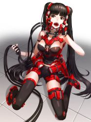 Rule 34 | 1girl, armor, bare shoulders, black hair, black thighhighs, blunt bangs, breasts, brown eyes, bustier, cable, fingerless gloves, full body, gloves, kfr, long hair, looking at viewer, open mouth, original, science fiction, sitting, solo, teeth, thighhighs, tile floor, tiles, twintails, uvula, very long hair