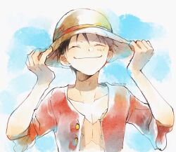 Rule 34 | 1boy, black hair, blue sky, buttons, closed eyes, commentary, hand on headwear, hat, male focus, monkey d. luffy, nekochanko1, one piece, open clothes, open shirt, red shirt, scar, scar on face, shirt, short hair, sky, smile, solo, straw hat, symbol-only commentary, upper body