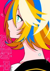 Rule 34 | 1girl, absurdres, air bubble, aqua eyes, black outline, black sailor collar, blonde hair, blue hair, bright pupils, bubble, collarbone, expressionless, eyelashes, from side, hair between eyes, half-closed eyes, highres, iroha (hourai 24), kagamine rin, kanji, multicolored hair, neck tattoo, outline, parted lips, portrait, power symbol, power symbol tattoo, profile, sailor collar, shade, short hair, signature, simple background, solo, streaked hair, swept bangs, tattoo, treble clef, tsurime, upper body, vocaloid, waking up, white background, white hair, white pupils