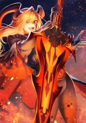 Rule 34 | 1girl, absurdres, alternate costume, armor, black armor, black gloves, black pants, blonde hair, breastplate, cape, cinders, clothes on shoulders, dragon horns, eyelashes, facial mark, fangs, fate/grand order, fate (series), fire, fire, gloves, glowing, glowing sword, glowing weapon, hair over one eye, highres, horns, kankitsurui (house of citrus), long hair, long sleeves, looking at viewer, nero claudius (fate), nero claudius (fate) (all), outdoors, pants, pauldrons, pteruges, queen draco (fate), queen draco (third ascension) (fate), red cape, red eyes, shoulder armor, smile, solo, sword, thick thighs, thighs, vambraces, weapon