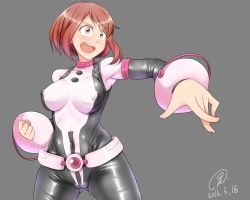 Rule 34 | 10s, 1girl, 2016, 9rimson, belt, bodysuit, boku no hero academia, breasts, cameltoe, clenched hand, covered erect nipples, covered navel, dated, gluteal fold, grey background, large breasts, looking to the side, open mouth, outstretched arm, red eyes, red hair, revision, shiny clothes, short hair, signature, simple background, smile, solo, teeth, thick thighs, thighs, uraraka ochako