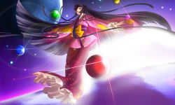 Rule 34 | 1girl, bad id, bad pixiv id, black eyes, black hair, bow, branch, dress, female focus, gradient background, highres, hime cut, houraisan kaguya, japanese clothes, jeweled branch of hourai, lens flare, long hair, solo, space, touhou, untue, very long hair