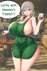 Rule 34 | absurdres, apron, artist name, bare shoulders, blush, breasts, cleavage, collarbone, covered erect nipples, covered navel, cup, disposable cup, green apron, hair over shoulder, heart, highres, holding, holding cup, huge breasts, iced latte with breast milk (meme), impossible clothes, lactation, lactation through clothes, looking at viewer, meme, naked apron, parted lips, pen, speech bubble, spoken heart, sturdyplywood, uzaki-chan wa asobitai!, uzaki tsuki