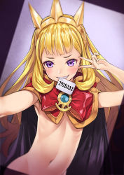 Rule 34 | 10s, 1girl, armpits, blonde hair, blush, cagliostro (granblue fantasy), cape, crown, flat chest, gradient background, granblue fantasy, grin, long hair, looking at viewer, matsuryuu, mouth hold, naked cape, navel, out-of-frame censoring, purple eyes, reaching, reaching towards viewer, selfie, smile, solo, v, very long hair