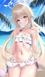 Rule 34 | 1girl, absurdres, beach, bikini, blue archive, blush, breasts, cleavage, closed mouth, collarbone, commentary, frilled bikini, frills, halo, hifumi (blue archive), hifumi (swimsuit) (blue archive), highres, light brown hair, long hair, looking at viewer, low twintails, navel, ocean, official alternate costume, small breasts, smile, swimsuit, twintails, up (osk50217), white bikini, yellow eyes