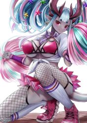 Rule 34 | 1girl, :&gt;, artist request, ass, belt, bikini, bikini under clothes, blue hair, blush, breasts, cheerleader, choker, cleavage, collared shirt, colored skin, detached sleeves, double bun, earrings, eyeliner, fate/grand order, fate (series), fishnet thighhighs, fishnets, full body, grey skin, hair between eyes, hair bun, hair ornament, highres, holding, holding pom poms, hoop earrings, horns, ibuki douji (fate), ibuki douji (swimsuit berserker) (fate), jewelry, kneehighs, large breasts, long hair, looking at viewer, makeup, miniskirt, multicolored hair, nail polish, necktie, oni horns, open mouth, pink bikini, pink footwear, pink hair, pink skirt, pleated skirt, pointy ears, pom pom (cheerleading), pom poms, puckered lips, red eyes, shiromantou, shirt, shoes, short sleeves, sidelocks, skirt, smile, sneakers, socks, solo, squatting, star (symbol), star hair ornament, swimsuit, tail, thighhighs, tied shirt, white background, white shirt, white socks, wide hips