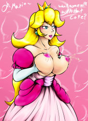 Rule 34 | 1girl, artist request, blonde hair, blue eyes, blush, breasts, breasts out, breasts squeezed together, collarbone, crown, dress, earrings, female focus, gloves, grabbing own breast, jewelry, lactation, large breasts, long hair, mario (series), milk, nintendo, nipples, parted lips, pink background, pink dress, princess peach, puffy sleeves, short sleeves, smile, solo, super mario bros. 1, teeth, white gloves