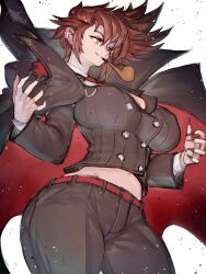 Rule 34 | 1girl, black cape, black nails, breasts, brown hair, cape, cleavage, fingernails, fumio (rsqkr), genderswap, genderswap (mtf), guilty gear, guilty gear strive, highres, large breasts, long fingernails, monocle, nail polish, red eyes, short hair, simple background, slayer (guilty gear), smoking pipe, solo, white background