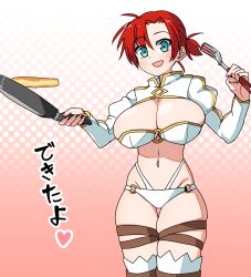 Rule 34 | 1girl, akitokage, bikini, blush, boots, boudica (fate), breasts, cleavage, fate/grand order, fate (series), green eyes, highleg, highleg bikini, highres, large breasts, long sleeves, looking at viewer, navel, o-ring, open mouth, red hair, short hair, short ponytail, shrug (clothing), skillet, smile, solo, spatula, swimsuit, thigh boots, thigh strap, thighhighs, thighs, translation request, white bikini, white thighhighs