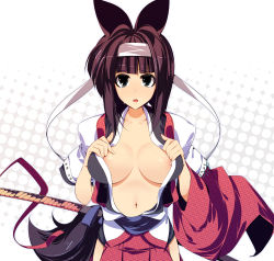 Rule 34 | 1girl, breasts, brown hair, cleavage, dragonmaterial, hairband, navel, open clothes, open shirt, original, shirt, short hair, solo, sword, weapon
