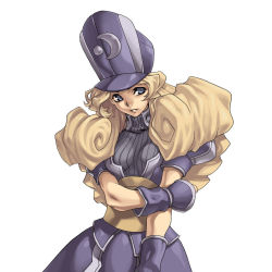 Rule 34 | 1girl, arm grab, blonde hair, blue eyes, curly hair, dress, hat, langeais, langeais (spectral force), long hair, official art, puffy sleeves, solo, spectral (series), spectral force, white background