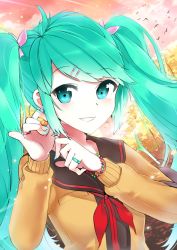 Rule 34 | 1girl, bad id, bad pixiv id, blush, bracelet, dot nose, earrings, female focus, fingernails, green eyes, green hair, green nails, grin, hair ornament, hairclip, hatsune miku, jewelry, lips, long hair, long sleeves, long twintails, looking at viewer, matching hair/eyes, nail polish, outdoors, pinky out, ring, school uniform, serafuku, smile, solo, spring onion, star (symbol), star earrings, twintails, two side up, upper body, vocaloid, yuran