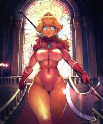 Rule 34 | 1girl, adapted costume, axe, babusgames, battle axe, belt, biker peach, blonde hair, blue eyes, breasts, brooch, covered navel, crown, curvy, female focus, gloves, glowing, glowing eyes, halberd, highleg, highleg leotard, highres, holding, holding axe, holding weapon, jewelry, large breasts, leotard, lips, looking at viewer, mario (series), mini crown, nintendo, polearm, princess peach, scarf, serious, shiny skin, shoulder pads, solo, stained glass, stairs, the super mario bros. movie, weapon, wide hips