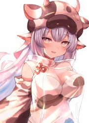 Rule 34 | 1girl, animal ears, animal print, bare shoulders, bikini, blue hair, blush, breasts, catura (granblue fantasy), cleavage, cow ears, cow girl, cow hat, cow horns, cow print, cow print sleeves, detached collar, detached sleeves, draph, ear piercing, granblue fantasy, haco mori, highres, horns, large breasts, long hair, looking at viewer, navel, open mouth, piercing, pointy ears, purple eyes, see-through, smile, solo, swimsuit, thighs, white bikini, wide sleeves