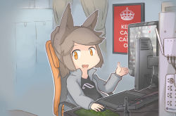 Rule 34 | 1girl, animal ears, borisx, brown eyes, brown hair, chair, highres, keyboard (computer), monitor, mouse (computer), open mouth, original, ponytail, short hair, sitting, solo