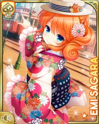 Rule 34 | 1girl, blue eyes, breasts, card (medium), character name, closed mouth, cosplay, flower, girlfriend (kari), hair flower, hair ornament, hat, japanese clothes, kimono, large breasts, looking at viewer, medium hair, official art, orange hair, outdoors, pink flower, qp:flapper, red kimono, sagara emi, sash, smile, standing, tagme, taishou era, two side up