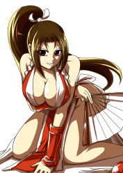 Rule 34 | 1girl, all fours, artist request, breasts, brown eyes, brown hair, cleavage, female focus, hand fan, large breasts, long hair, shiranui mai, simple background, smile, snk, solo, the king of fighters, white background