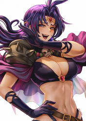Rule 34 | 1girl, arm up, armor, belt, blue eyes, bra, breasts, cape, circlet, cleavage, commentary request, gloves, hand up, highres, jewelry, large breasts, laughing, looking at viewer, magion02, naga the serpent, navel, necklace, open mouth, parted bangs, purple hair, skull, skull necklace, slayers, solo, spiked armor, spikes, underwear, upper body