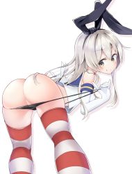 Rule 34 | 10s, 1girl, absurdres, ass, ass support, bent over, black bow, black panties, blonde hair, bow, crop top, crotch seam, elbow gloves, eyebrows, from behind, gloves, grin, hairband, harenchi, highres, kantai collection, lifting own clothes, long hair, looking at viewer, looking back, no pants, panties, panty pull, partially visible vulva, pinky out, school uniform, serafuku, shimakaze (kancolle), silver hair, sleeveless, smile, solo, striped clothes, striped thighhighs, thighhighs, underwear, white background, white gloves, yellow eyes