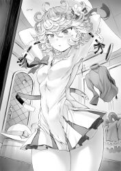 Rule 34 | 1girl, :o, arms behind head, belt, blush, bow, bowtie, breasts, cameltoe, ceiling, cleft of venus, clothes, curly hair, dress, flipped hair, floating, floating clothes, floating object, flower, greyscale, hair between eyes, hair flower, hair ornament, hat, high heels, highres, indoors, medium hair, mirror, mogudan, monochrome, one-punch man, parted lips, pleated dress, reflection, ribbon-trimmed sleeves, ribbon trim, shirt, shoes, short dress, short sleeves, small breasts, solo, sun hat, tatsumaki, telekinesis, tile ceiling, tiles